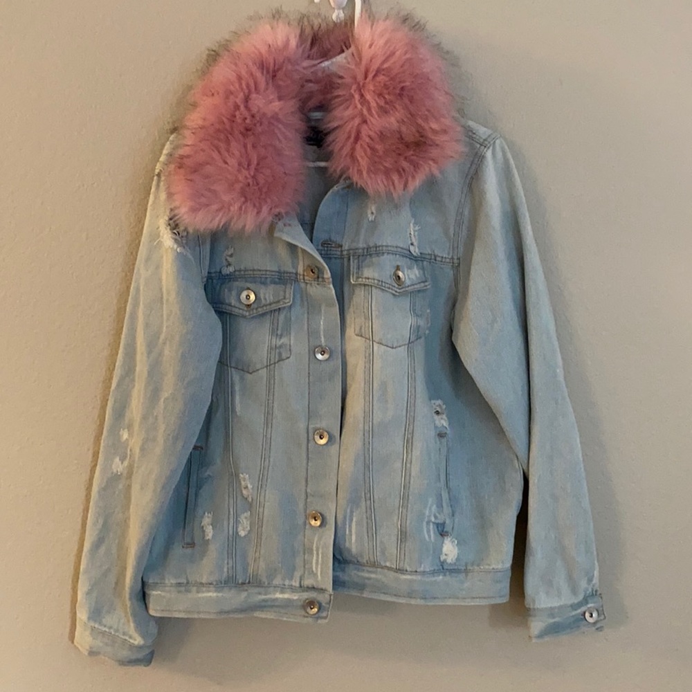 Pink Fur Collar Denim Jacket